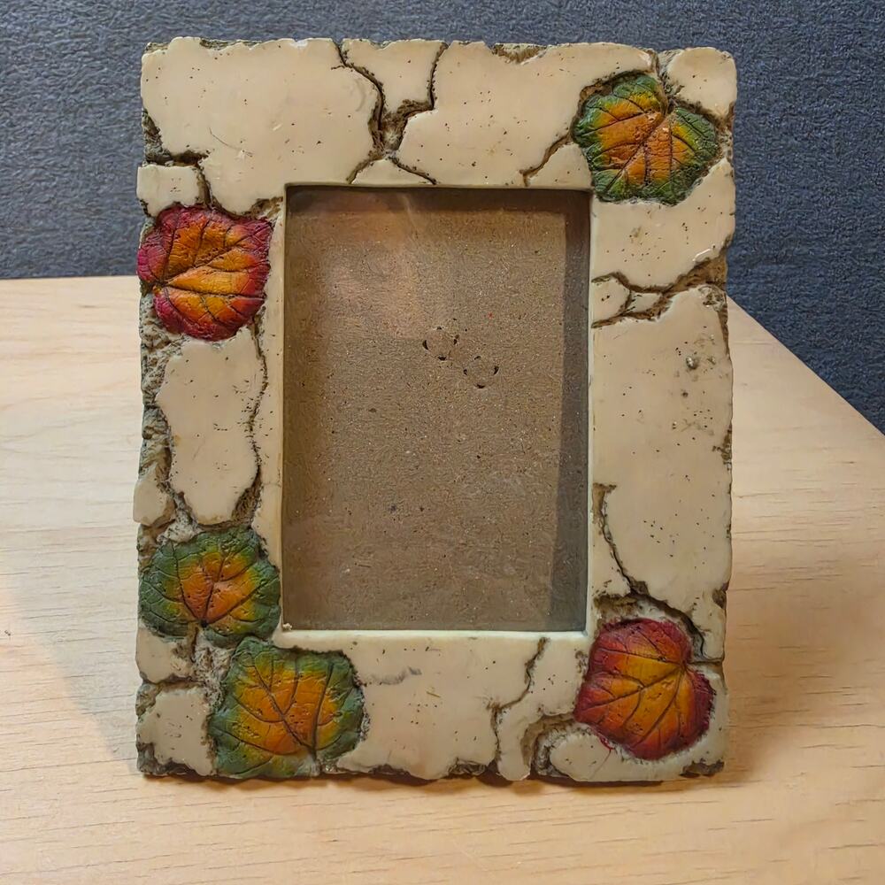 Vintage Faux Stone Resin Picture Frame 3D Fall Leaves Cracked Textured Decor
